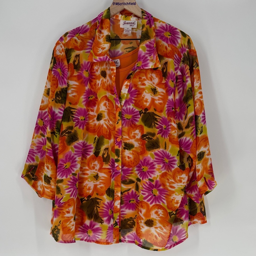 Joanna plus vintage multi layer Floral Button-Up Blouse Orange Pink 3x